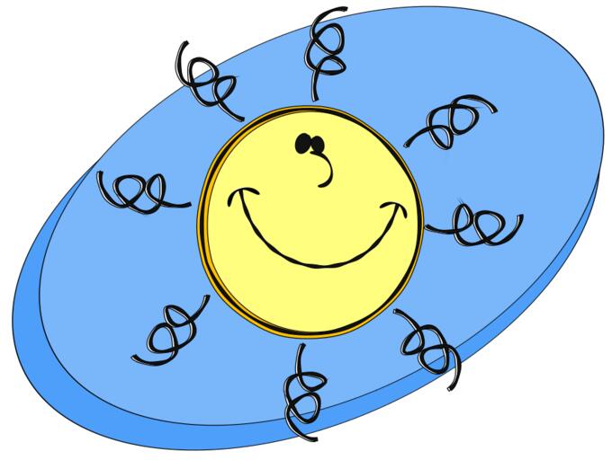 Vector graphics of smiling sun with thin hair