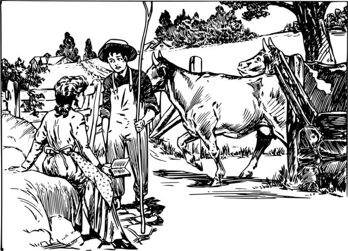 Vector drawing of countryside boy and girl