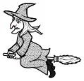 Line art vector image of witch on broom