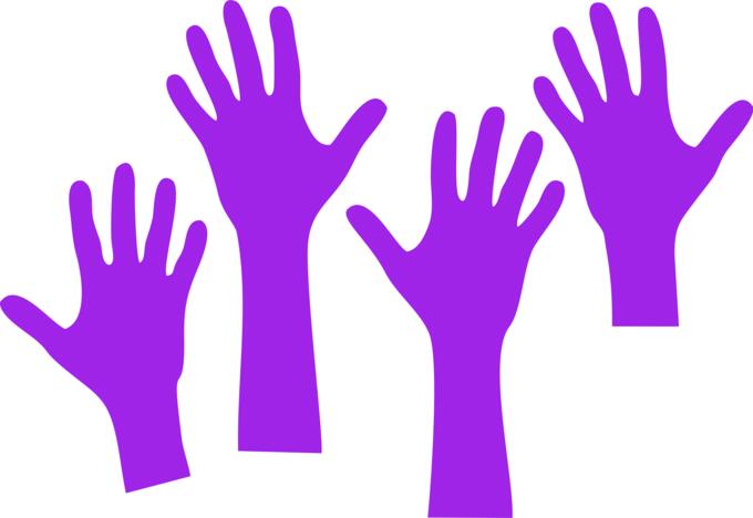 Four purple hands reaching upwards vector graphics