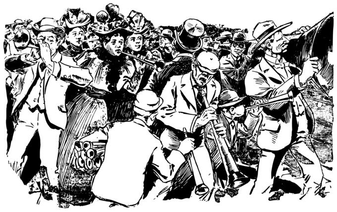 Vector drawing of crowd playing trumpet in street