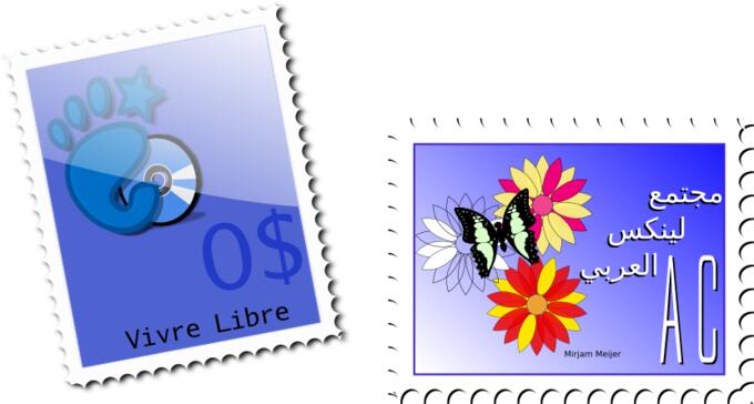 Vector graphics of gnome and butterfly postal stamps