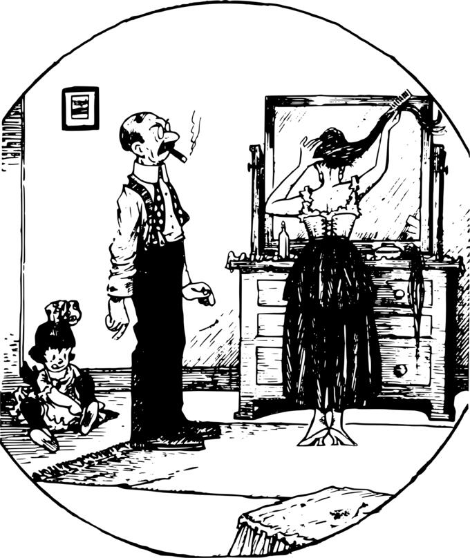 Vector image of woman combing hair in front of her husband