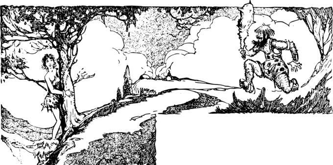 Vector drawing of caveman chasing a woman in nature