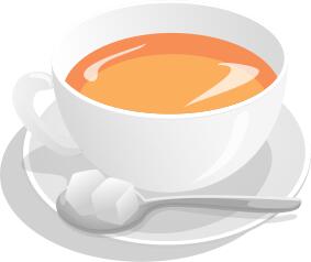 Vector illustration of tea cup served on saucer with sugar and spoon