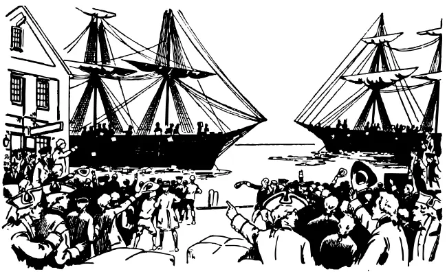 Vector drawing of old ships in Boston port