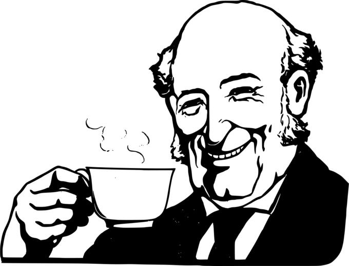 Bald man drinks steaming tea black and white vector graphics