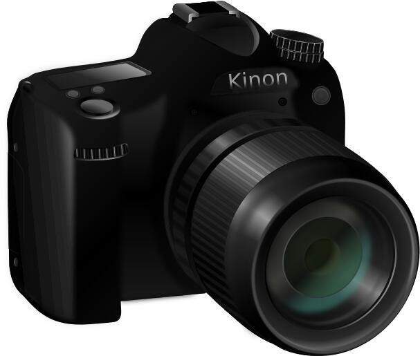 Photorealistic vector image of a professional camera with long lens