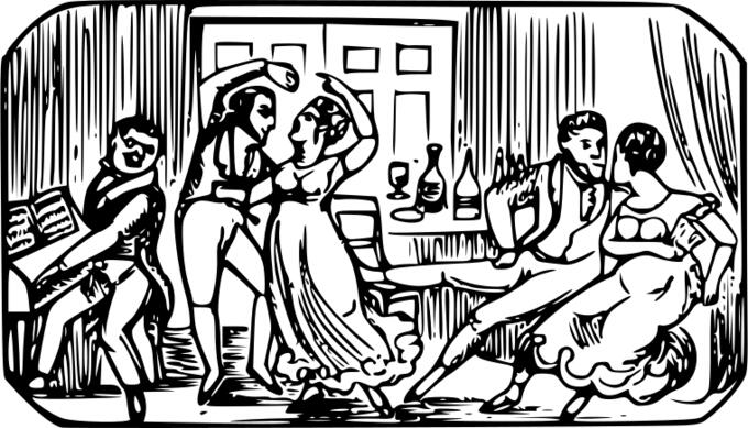 Vector drawing of drinking piano party scene
