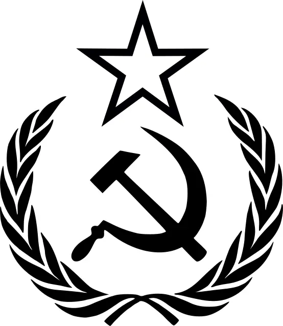 Line art vector clip art of hammer, sickle and star in laurel wreath