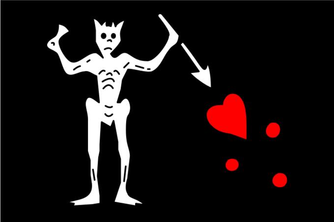 Vector illustration of pirate flag with skeleton and heart blood