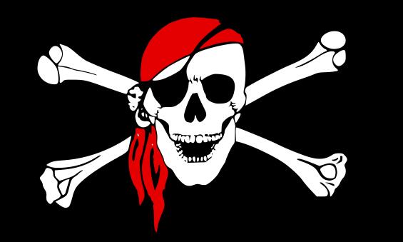 Vector graphics of black pirate flag with smiling skull and bones