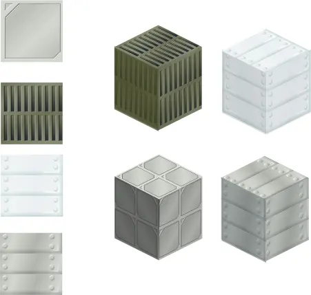 Vector illustration of set of metallic tiles and boxes