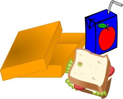 Vector image of orange lunch box with sandwich and juice