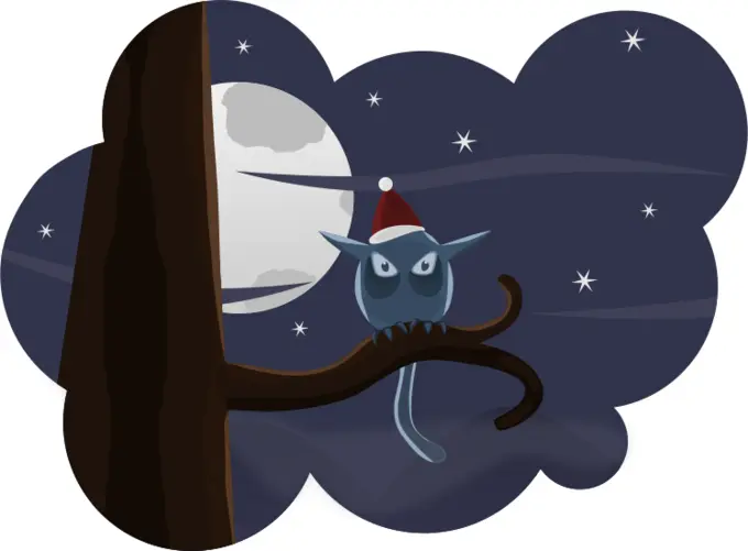 Vector image of moody owl on a tree branch