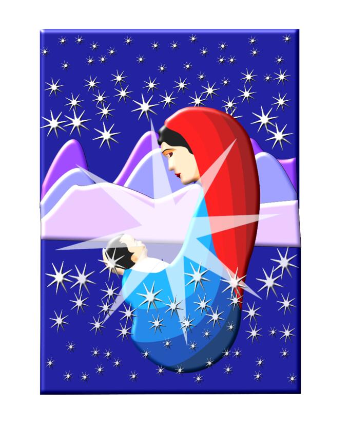 Holy Mary holding baby Jesus under stars vector illustration