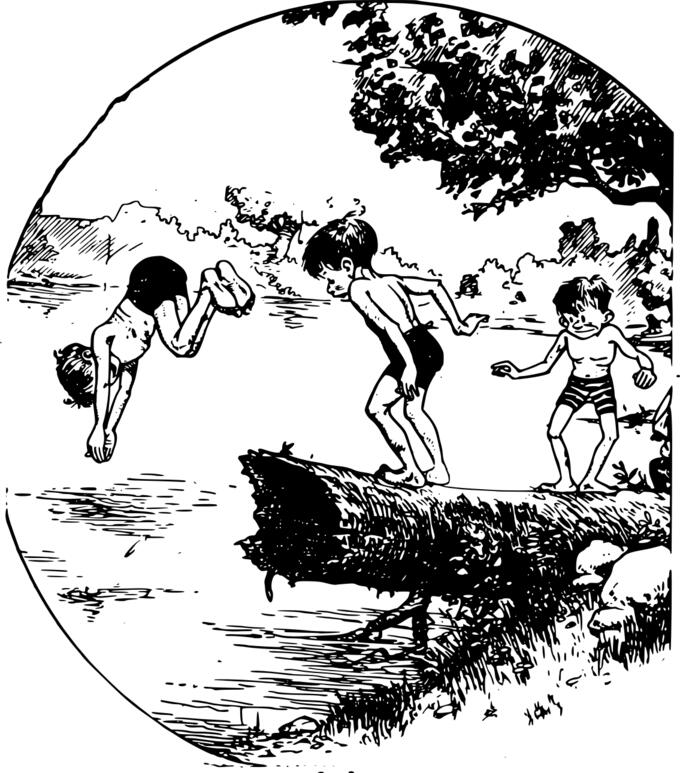 Vector illustration of kids diving at lake