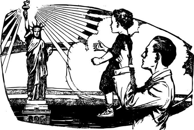 Vector drawing of kid enjoying Statue of Liberty
