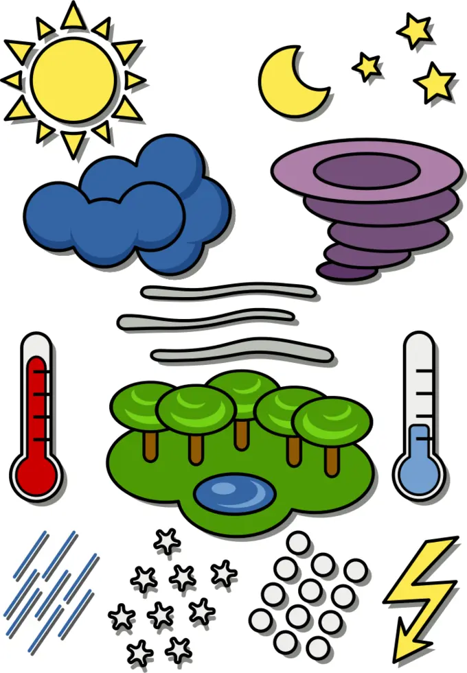 Vector image of cartoon weather forecast color symbols