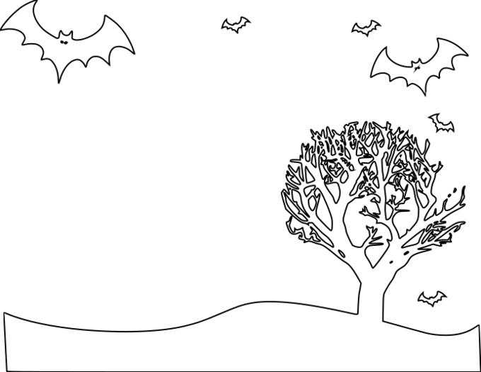 Outline vector illustration of scenery with bats and tree