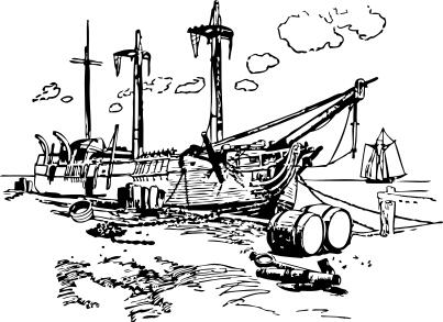 Moldering ship wreck vector drawing
