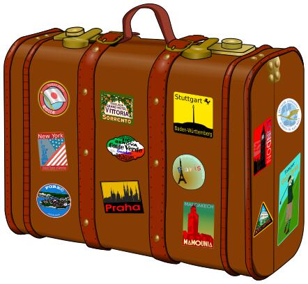 Suitcase with travel stickers vector drawing