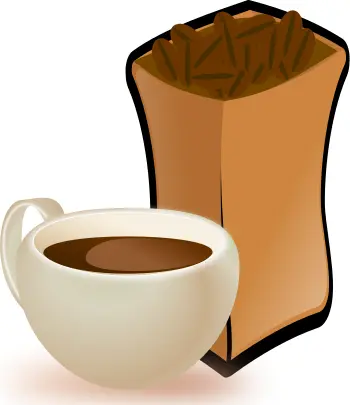 Vector image of beige cup of coffee with sack of coffee beans