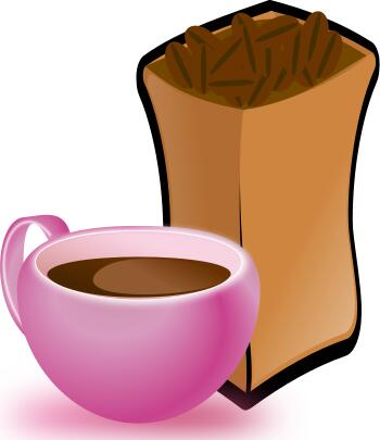 Vector image of pink cup of coffee with sack of coffee beans