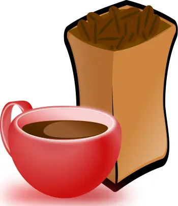 Vector image of red cup of coffee with sack of coffee beans