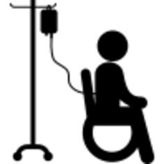 Patient sitting on wheels chair with saline via silhouette