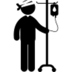 Patient with injured bandaged head standing with saline via intravenous line