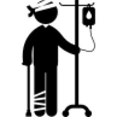 Standing man with injured head and leg with a crutch and saline via intravenous line
