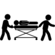Injured person lying on a bed and medical assistants carrying it