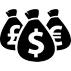 Money bags of three currencies