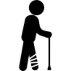 Man walking with broken leg with bandage and a cane support