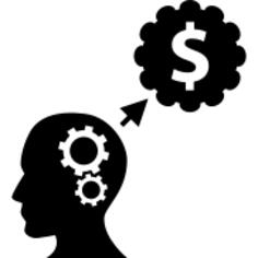 Male head side view with cogwheels thinking about dollar symbol