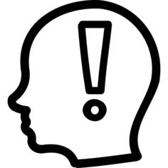 Attention hand drawn symbol of an exclamation sign inside bald head from side view
