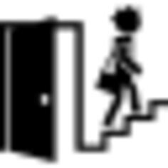 Open door and a student on stairs