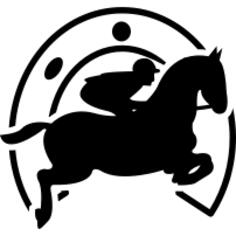 Jumping horse with jockey in front of a horseshoe