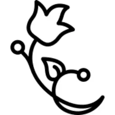 Floral design of one flower on a branch with two seeds and one leaf