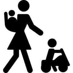 Mother with baby on her back and other child on a car