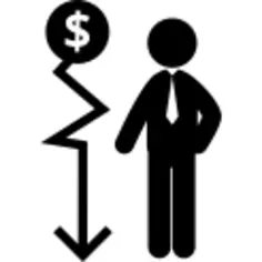 Descending money arrow graphic and a businessman