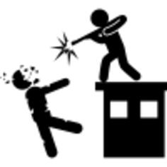 Man with a gun shooting killing a zombie from the top of a building