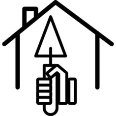 Hand with triangular shovel inside a home outline