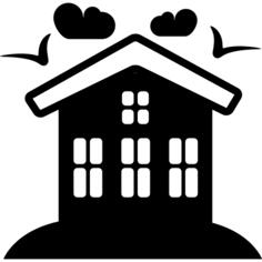 Rural hotel house with birds and clouds