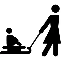 母亲抱着他的儿子在雪橇上