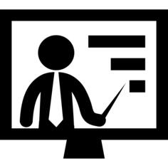 Man presenting stats graphic on monitor screen