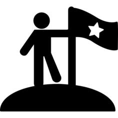 Man standing on planet surface with a flag with one star