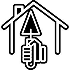 Hand with triangular shovel inside a home outline