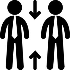 Two businessmen standing with up and down arrows signs